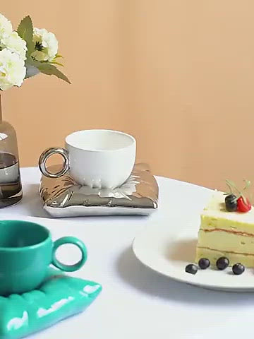 Ceramic Teacup with Pillow-Shaped Saucer