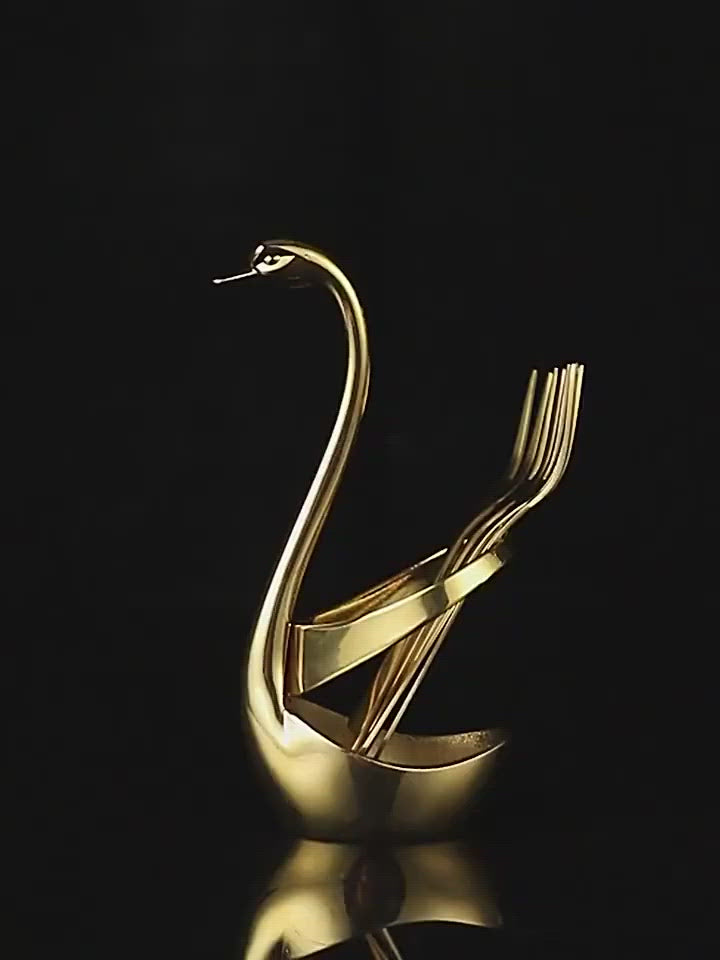 Stainless Steel Spoon and Fork Set with Swan-shaped Holder