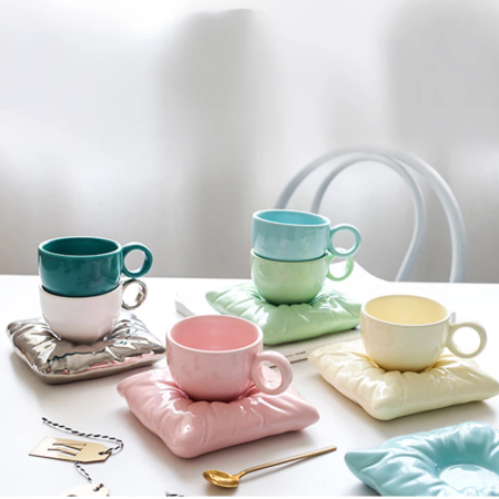 Ceramic Teacup with Pillow-Shaped Saucer