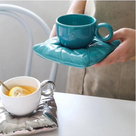 Ceramic Teacup with Pillow-Shaped Saucer