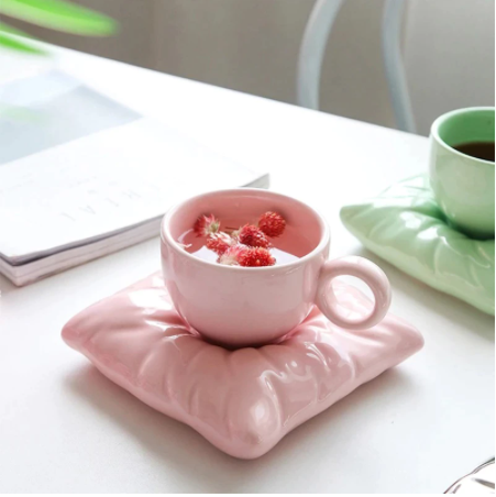 Ceramic Teacup with Pillow-Shaped Saucer