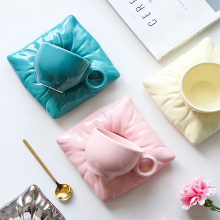 Ceramic Teacup with Pillow-Shaped Saucer