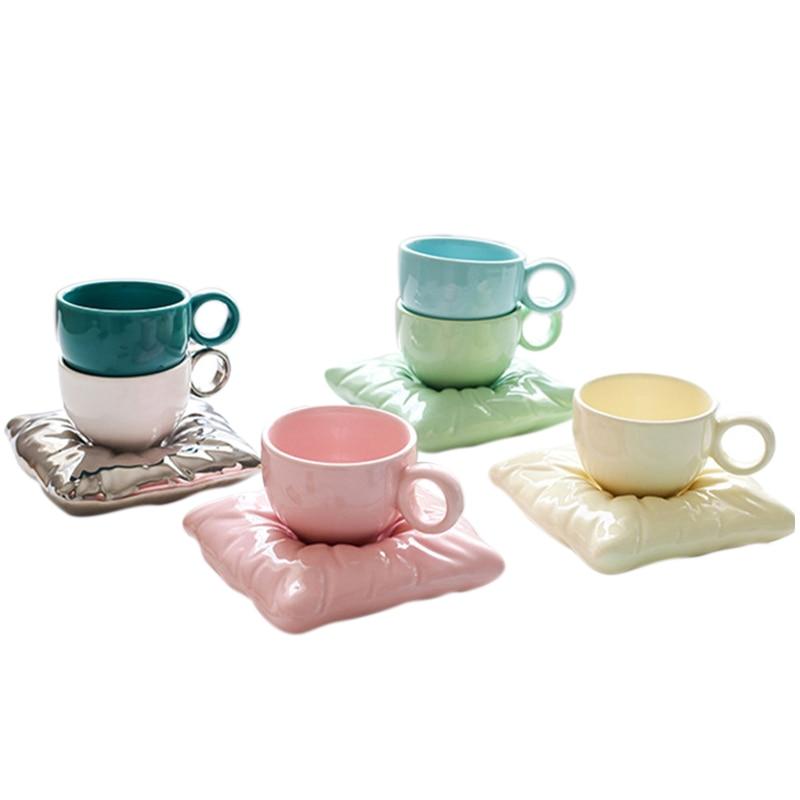 Ceramic Teacup with Pillow-Shaped Saucer