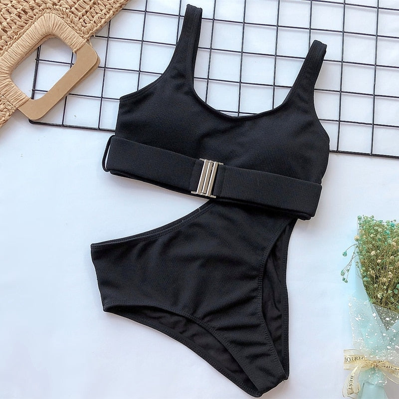 High Waist Two-Piece Front Zipper Swimsuit