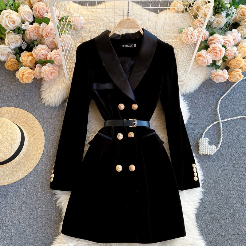 Double-Breasted Velvet Blazer with Belt