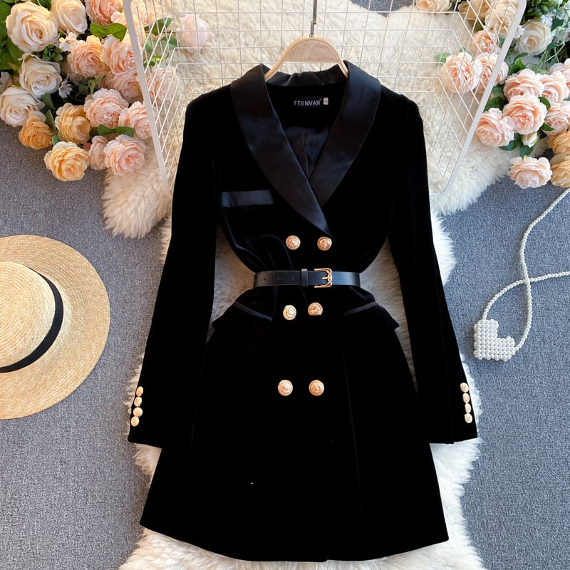Double-Breasted Velvet Blazer with Belt