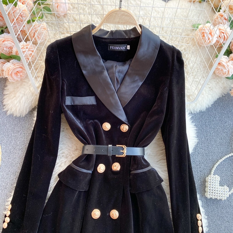 Double-Breasted Velvet Blazer with Belt