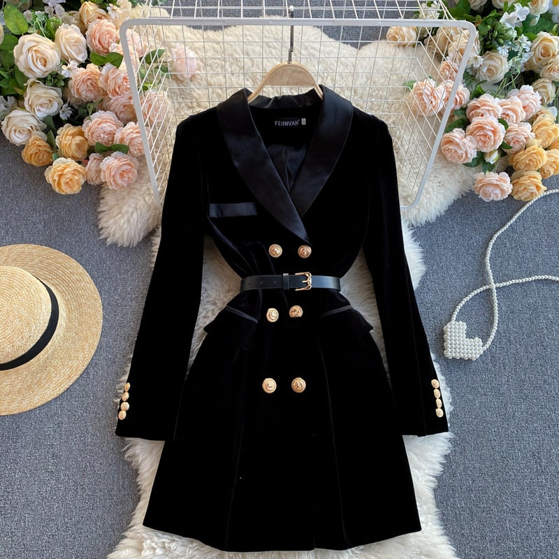 Double-Breasted Velvet Blazer with Belt