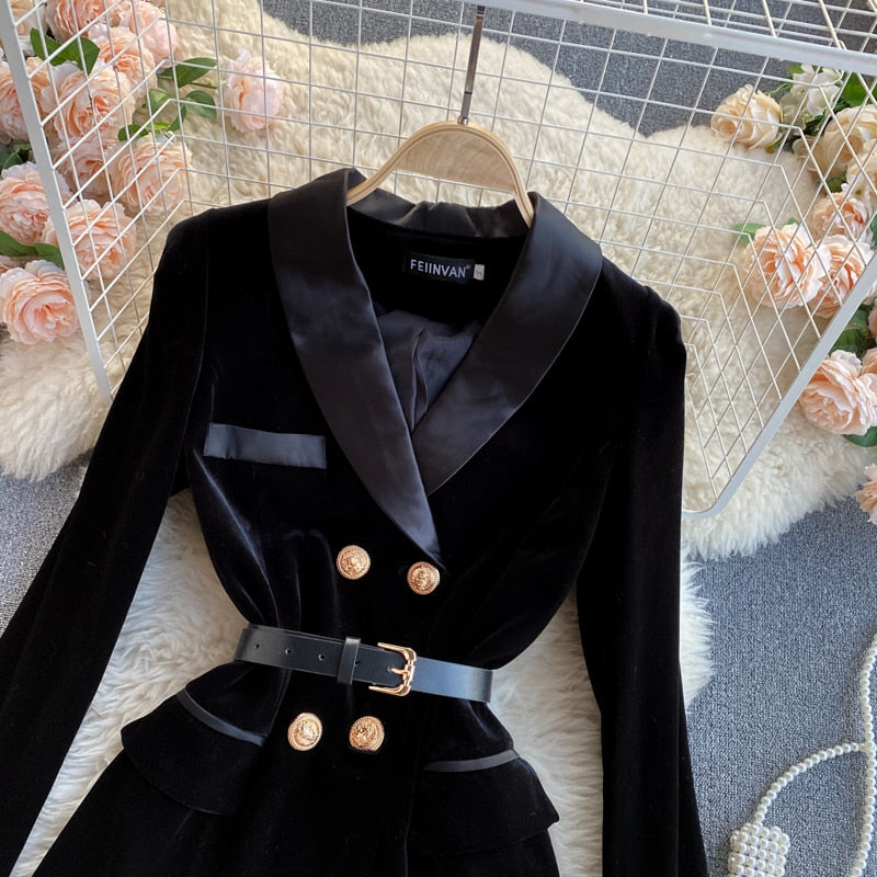 Double-Breasted Velvet Blazer with Belt