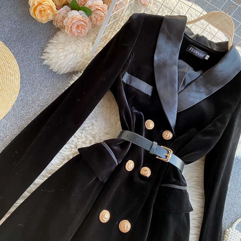 Double-Breasted Velvet Blazer with Belt