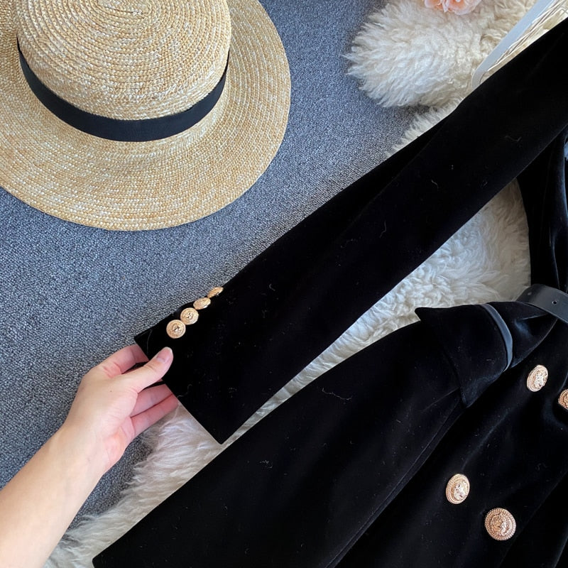Double-Breasted Velvet Blazer with Belt