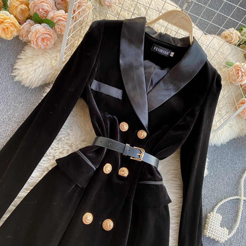 Double-Breasted Velvet Blazer with Belt