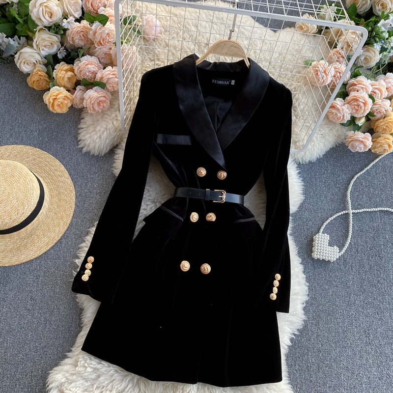 Double-Breasted Velvet Blazer with Belt