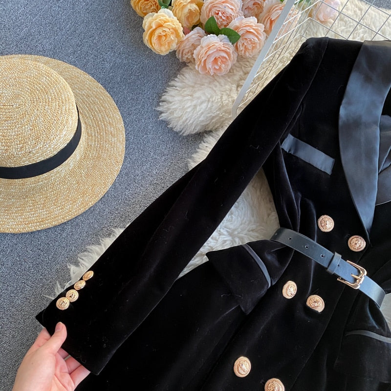 Double-Breasted Velvet Blazer with Belt
