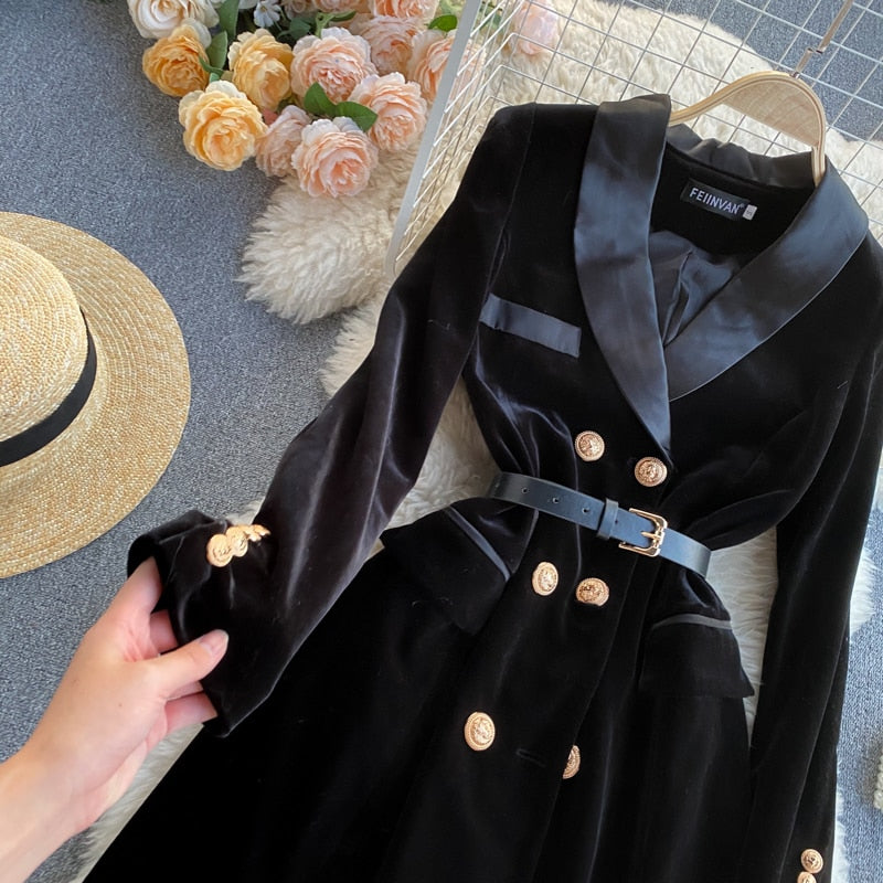 Double-Breasted Velvet Blazer with Belt