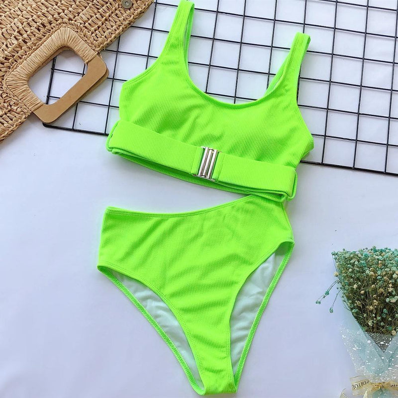 High Waist Two-Piece Front Zipper Swimsuit