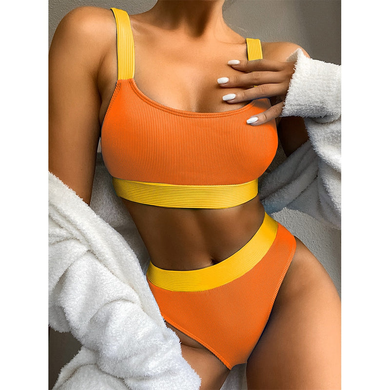 High Waist Two-Piece Front Zipper Swimsuit