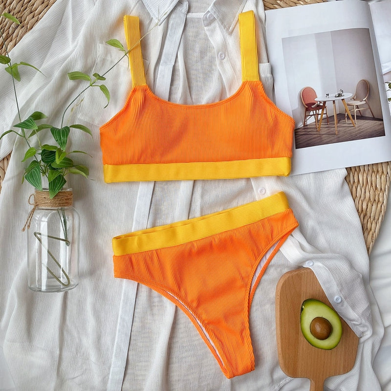 High Waist Two-Piece Front Zipper Swimsuit