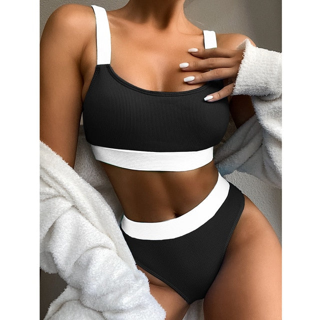 High Waist Two-Piece Front Zipper Swimsuit
