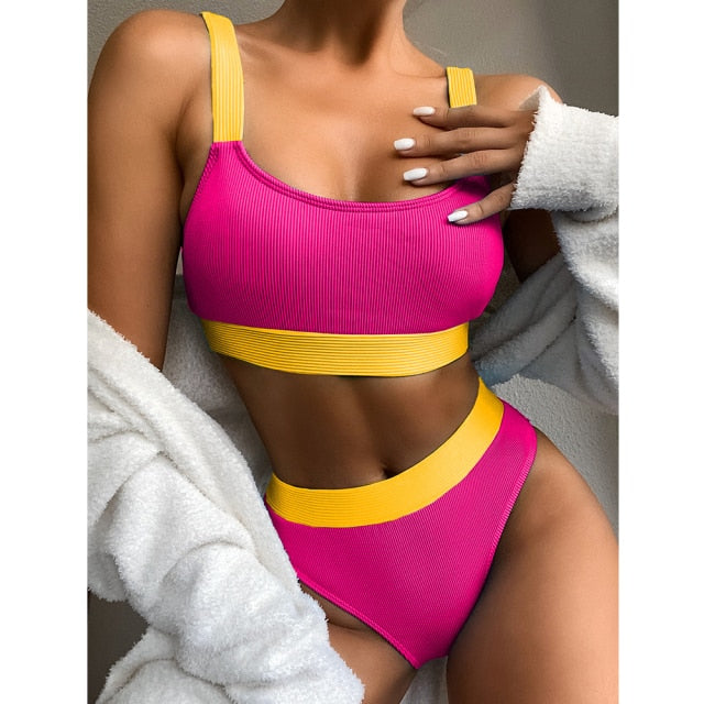 High Waist Two-Piece Front Zipper Swimsuit