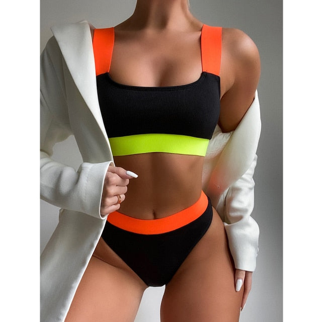 High Waist Two-Piece Front Zipper Swimsuit