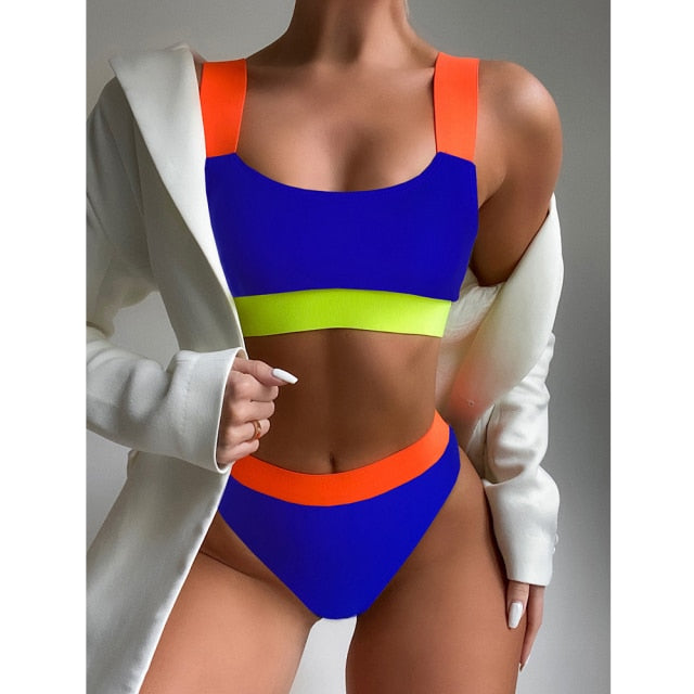High Waist Two-Piece Front Zipper Swimsuit