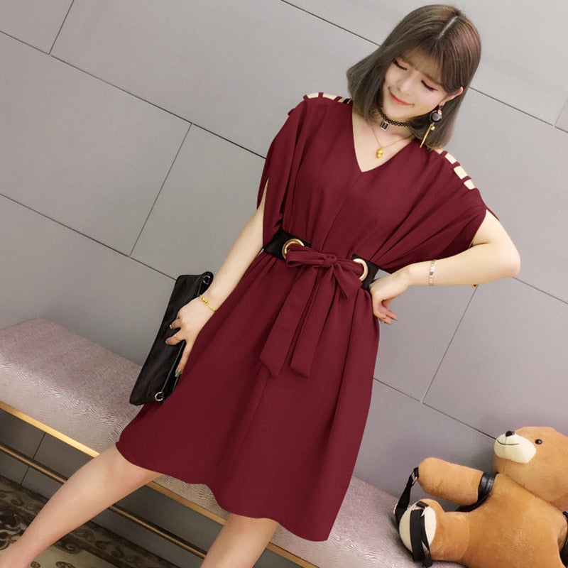 V-Neck Belted Dress