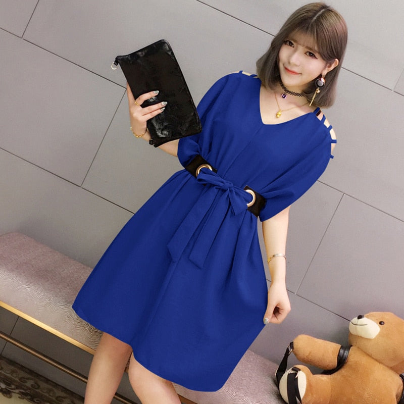 V-Neck Belted Dress
