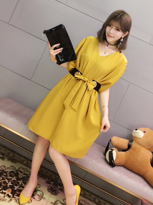 V-Neck Belted Dress
