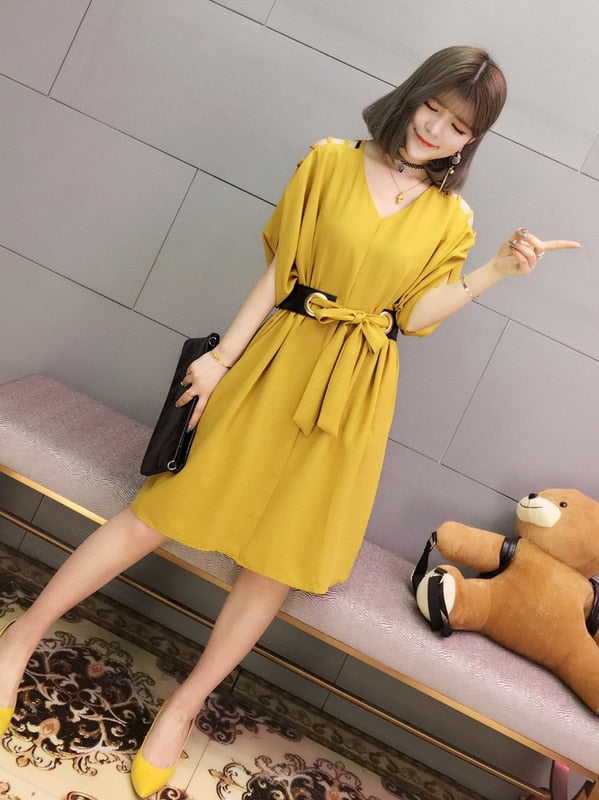 V-Neck Belted Dress