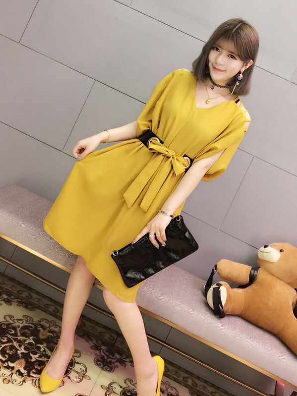 V-Neck Belted Dress