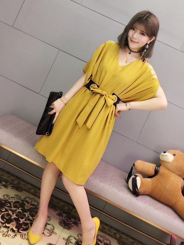 V-Neck Belted Dress