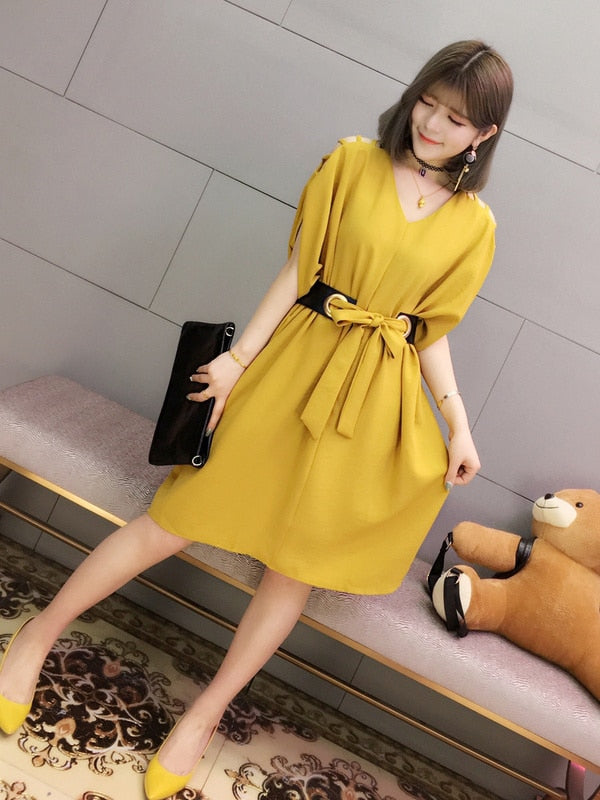 V-Neck Belted Dress