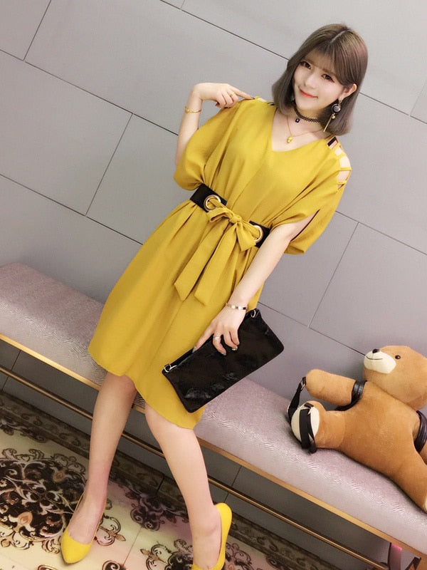 V-Neck Belted Dress