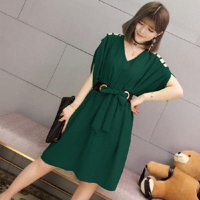 V-Neck Belted Dress