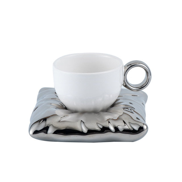 Ceramic Teacup with Pillow-Shaped Saucer
