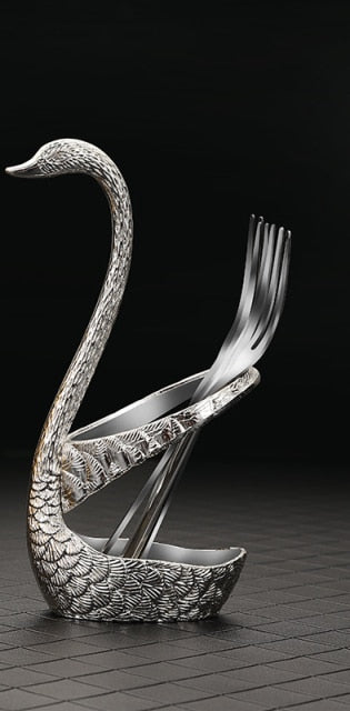 Stainless Steel Spoon and Fork Set with Swan-shaped Holder
