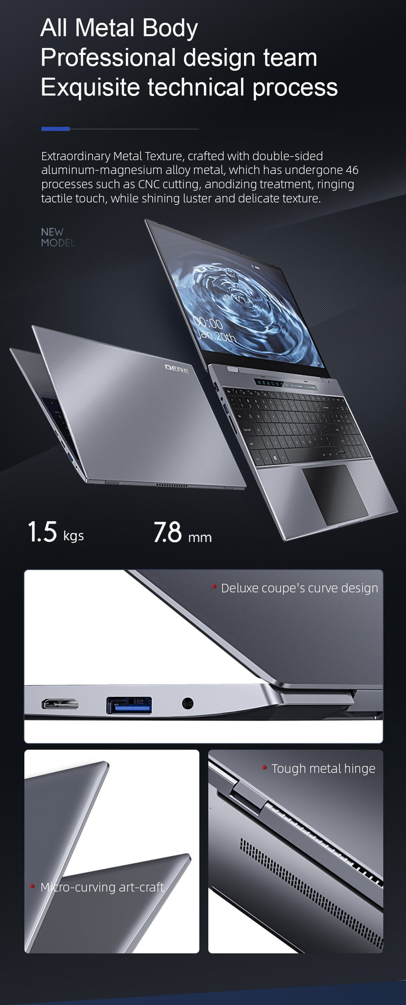 Dere TBook T10 Laptop Intel Core i5 15.6" FHD IPS Laptop Windows 10 Pro 16 GB 512 GB SSD Metal Notebook