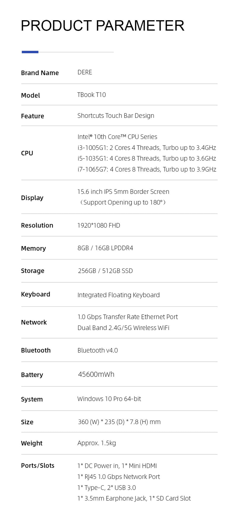 Dere TBook T10 Laptop Intel Core i5 15.6" FHD IPS Laptop Windows 10 Pro 16 GB 512 GB SSD Metal Notebook