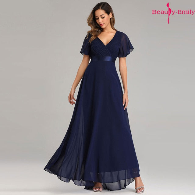 Floor-length V-Neck Flowing Evening Gown